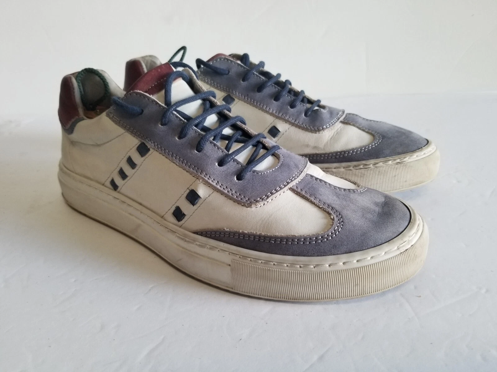 J SARTI Mens Leather Lace Up Sneakers Size 42 US 8.5 Made In Italy White Blue