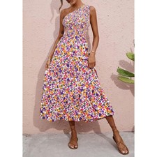 BTFBM Romantic Floral Smocked One-Shoulder Maxi Party Summer Sundress Tiered M