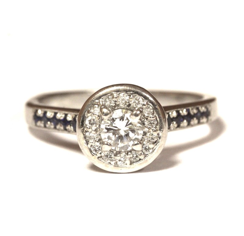 14k white gold .40ct round diamond halo sapphire engagement ring 4.6g Euro Shank