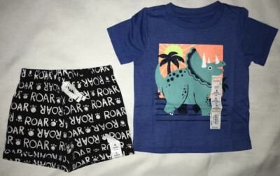 Jumping beans boys size 9 months 2pc outfit dino tee Roar shorts blue black new