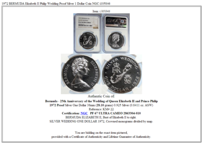 1972 BERMUDA Elizabeth II Philip Wedding Proof Silver 1 Dollar