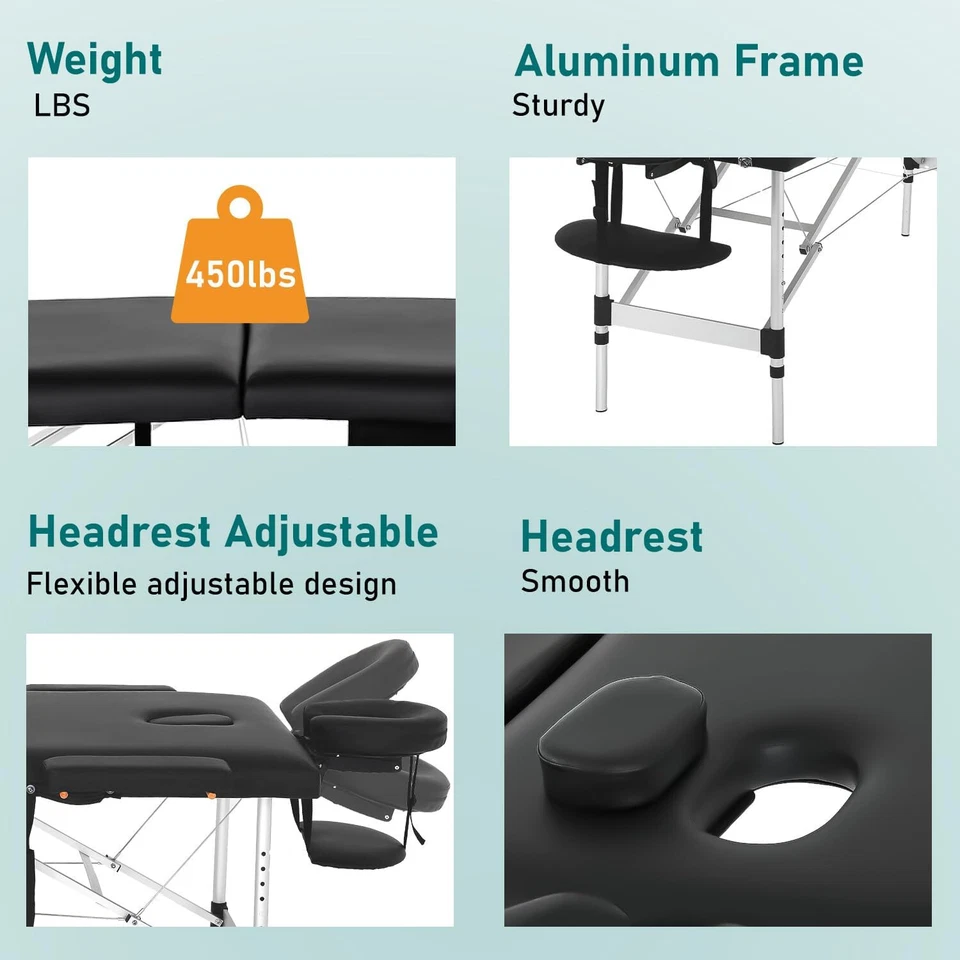 Cama de masaje de aluminio Mesa de masaje portátil Cama de pestañas 2 pliegues Cama de spa de 24" de ancho Foto 4 de 4