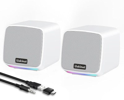 Uakinat Computer Speakers for Desktop PC, USB Powered 3.5mm Aux Speaker White