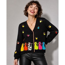 Berek Womens Black Embroidered Cat Paw Print Button Front Cardigan Sweater M NWT