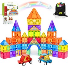Magnetic Tiles 100 pcs with 2 Cars, STEM Building Blocks for Kids, Educationa...