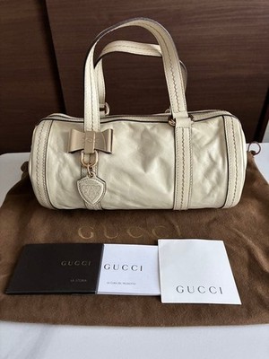 Auth GUCCI Duchess Mini Boston Bag Handbag Ivory Leather Gold Ribbon From Japan