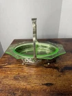 Vintage Green Depression Glass Divided Candy Dish in Silver Filigree Basket Tray