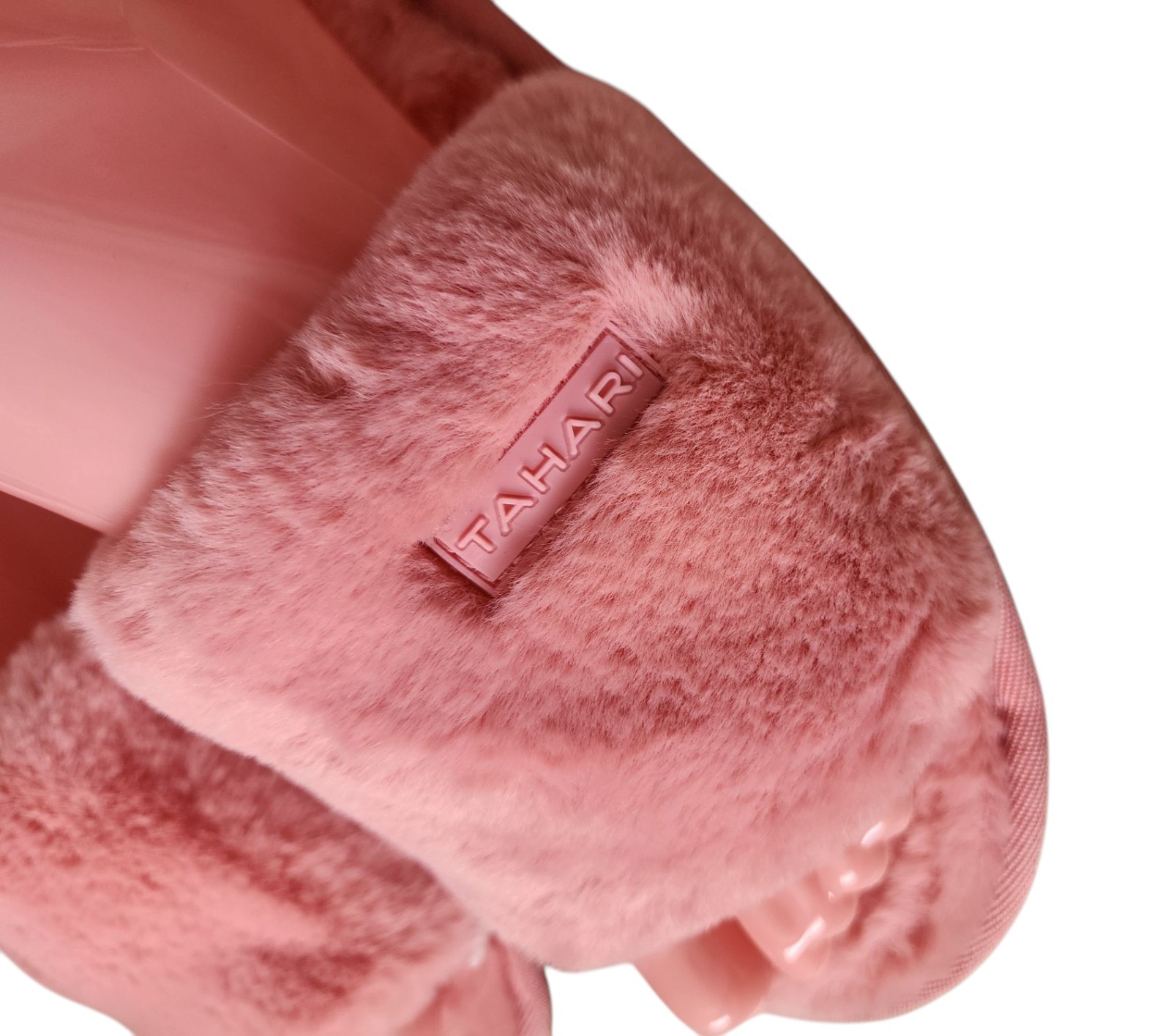 SAOLA Pantofole morbide peluche Tahari Monia nuove senza etichette taglia 10 scivoli pelliccia sintetica suola grossa salmone