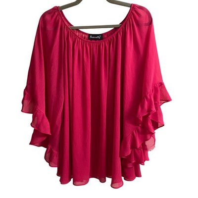 Basically Me Hot Pink Chiffon Ruffle Sleeve Poncho Top BMT-192 One Size USA