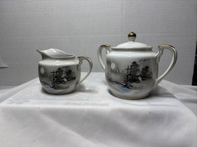 Vintage Kutani Creamer and Sugar bowl (water wheel and bridge) grey