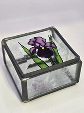 Vintage Leaded Glass Trinket Box Mirror Bottom Painted Purple Iris Textured