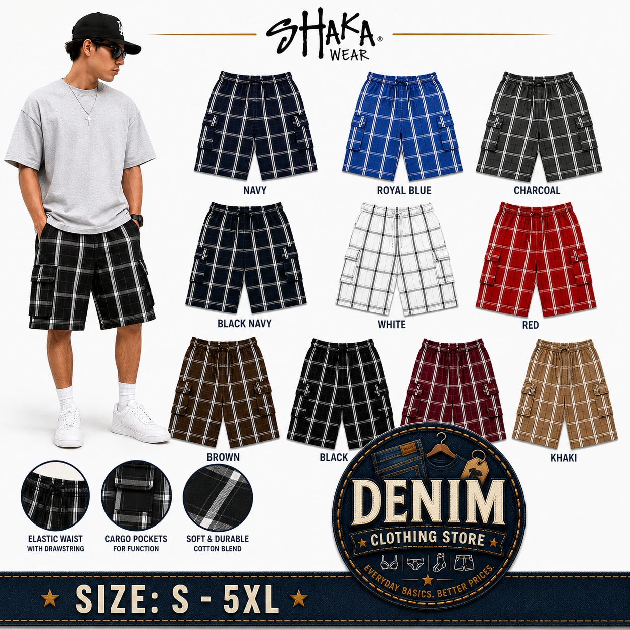Shaka Wear Men's Checkered Relaxed Fit Plaid Cargo Shorts Loose Fitting S - 5XL