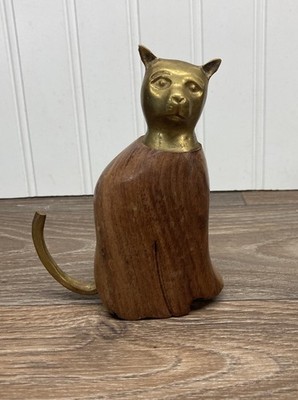 Vintage Sarna Solid Rose Wood Cat Figurine w/ Brass Head /Tail 5.5'' India #550