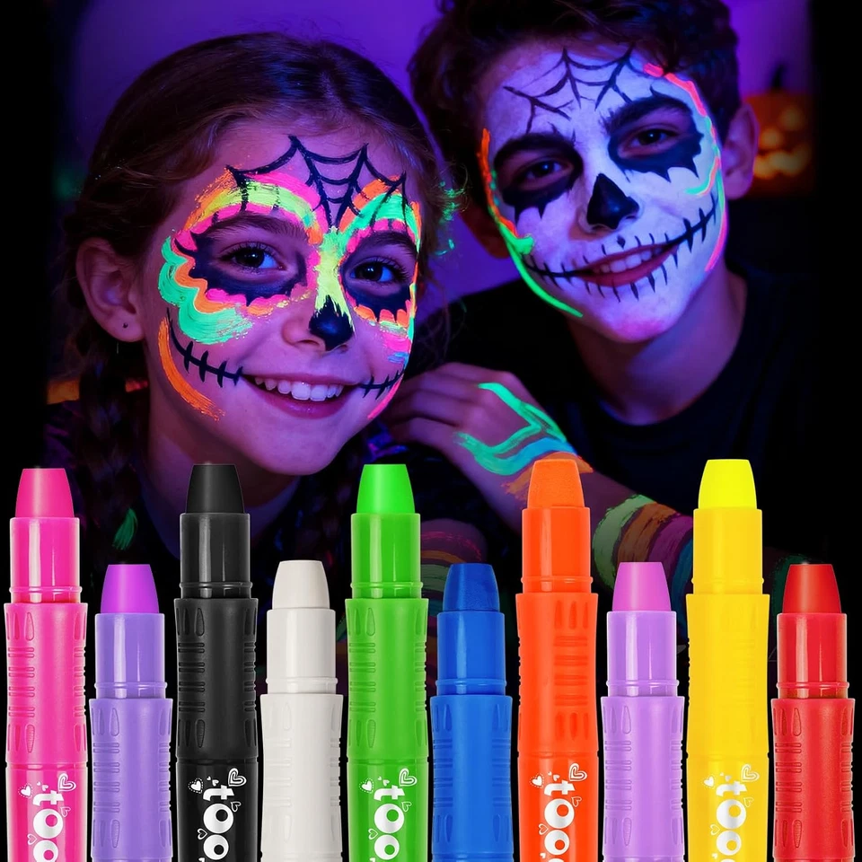 Palos de pintura facial de Halloween que brillan en la oscuridad bajo luz negra, 10 colores UV... Foto 3 de 4