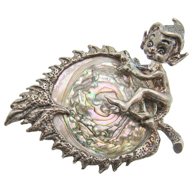 VINTAGE STERLING SILVER 925 ABALONE SHELL FAIRY ELF PIXIE WHIMSICAL CYVRA BROOCH