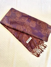 100% Pashmina Shawl Scarf Wrap Deep Purple Paisley Fringe Soft Lightweight