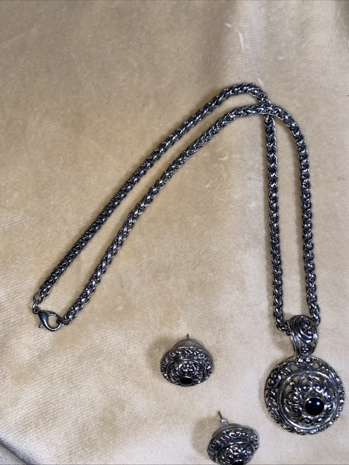 Premier Designs Nora Black & Silver Toned Necklace & Earrings Jewelry Set Foto 3 de 4