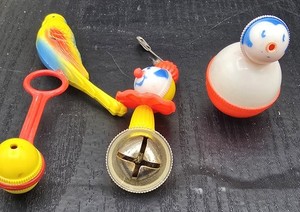 Lot Of 3 Vintage Birdcage Balancing Celluloid Budgie Parakeet Toy Clown Bell