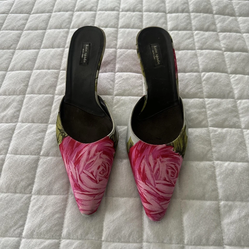 KATE SPADE Shoes Womens 8.5 Floral Kitten Heel Mules Classic Preppy Party Italy - Image 3 of 4