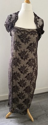 Nancy Mac braunes Spitzenkleid Größe 3/UK 14 volle Länge reine Seide Besatz Anlass