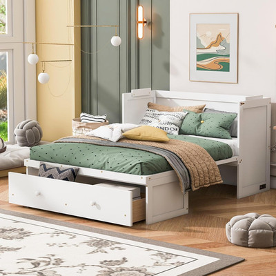 Full Murphy Bed Cabinet with USB Ports & Storage Drawer - White