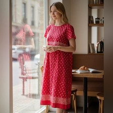 Talbots Floral Linen Blend Dress Women’s 14W Red Printed Maxi Dress Cottagecore