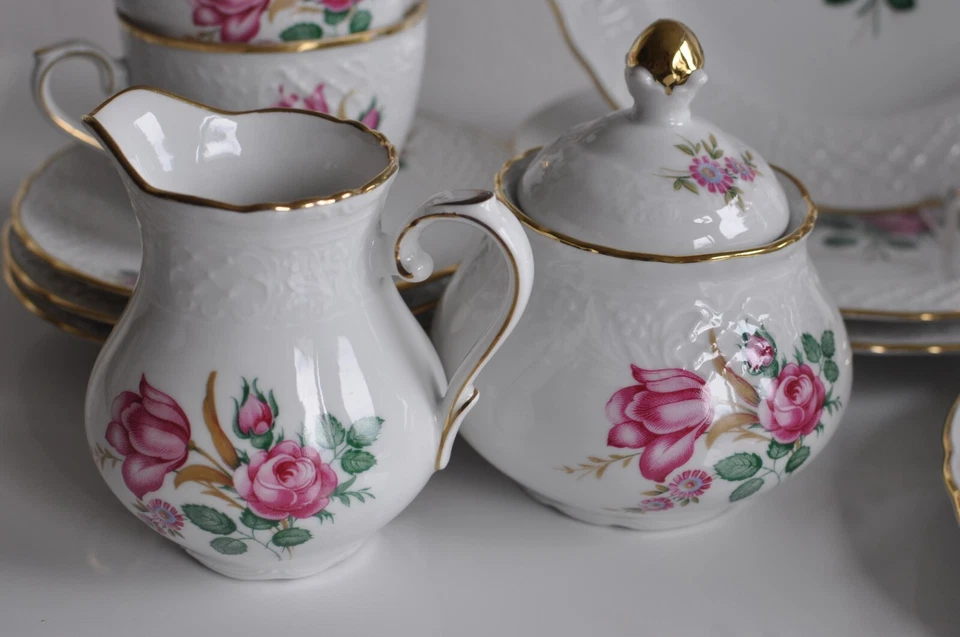 Bavaria Schumann Arzberg Kaffeeservice Relief Goldrand rote Blume Rose Form 870 - Bild 2 von 4