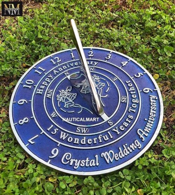 Handmade Crystal (15th) Wedding Anniversary Sundial Gift - 2025 Engraved Blue Aluminum Sundial For Couples, Parents - Made In UK