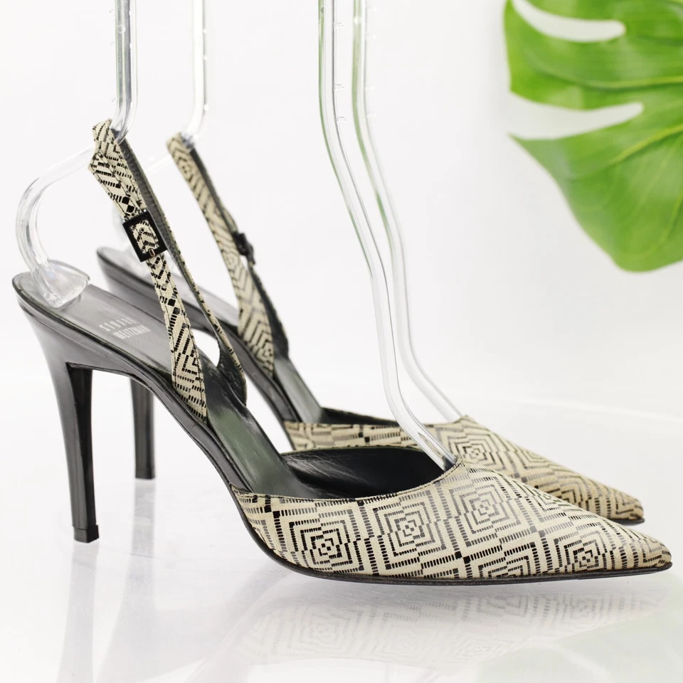 Zapatos de salón Stuart Weitzman para mujer talla 8,5 negro blanco estampado tacón D'orsay en punta Y2K Foto 4 de 4