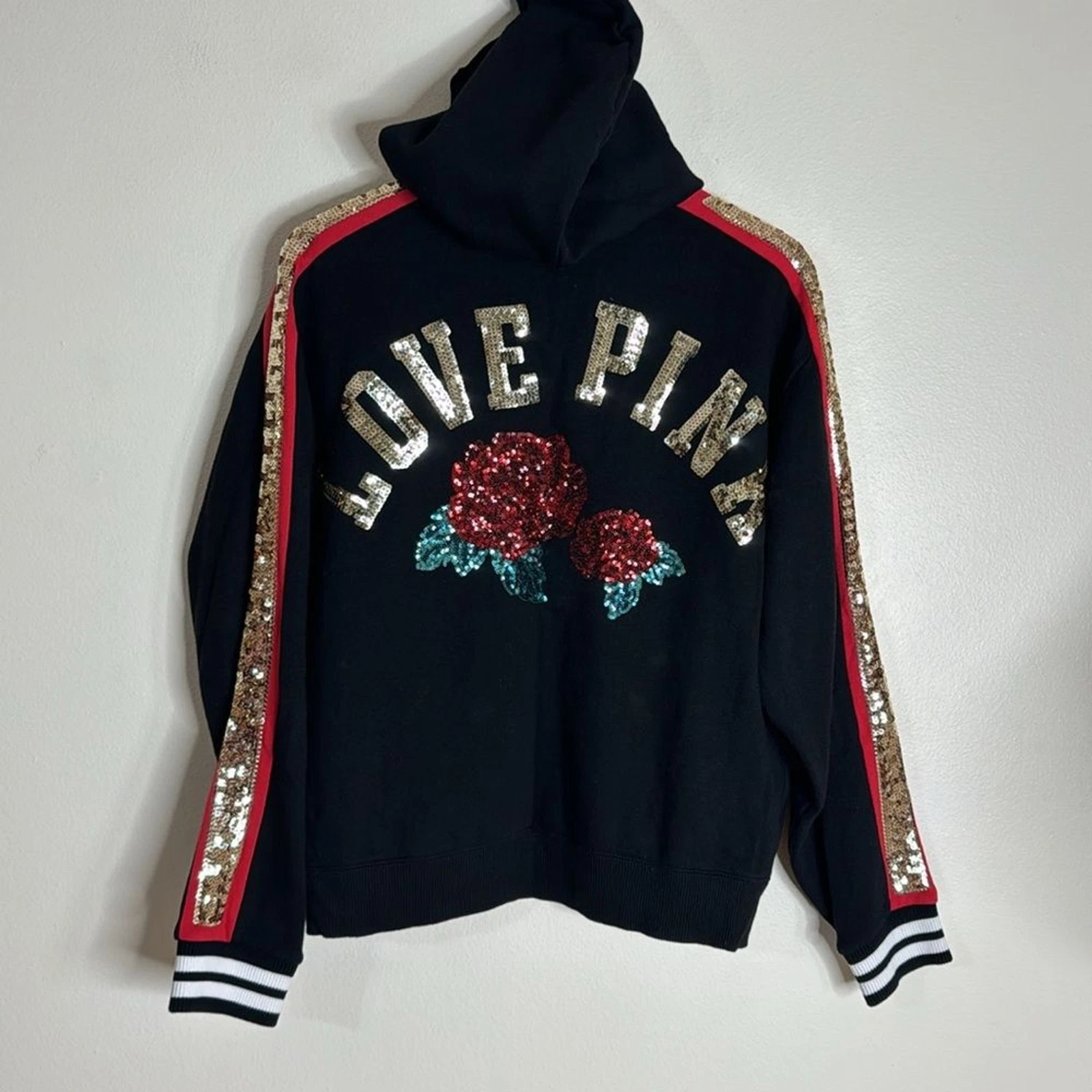 UNDERCOVER Felpa con cappuccio Victoria Secret rosa donna amore rosa stringata nera taglia media rose paillettes