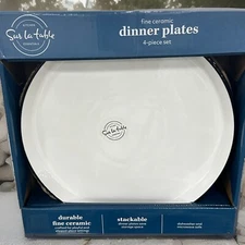 Sur La Table White/ Black Rim Dinner Plates Set/4 Stackable Dinner Plates  11"
