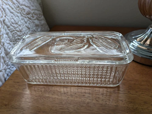 Vtg Federal Ribbed Glass Rectangular Refrigerator Dish W/Vegetable Relief Lid