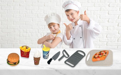 Set gioco finto fast food e taglio per bambini pizza bevanda fredda patatine fritte gelato - Foto 6 di 9