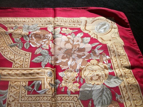 Vintage Print Scarf Flowers & Scrolls Dark Red Tan Brown Green SC56 - Picture 9 of 12
