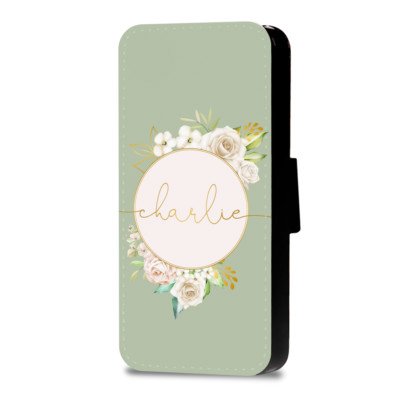 Personalisierte Flip Case für iPhone 11 12 Pro Max Xr 8+ Name Blumen Wallet Cover