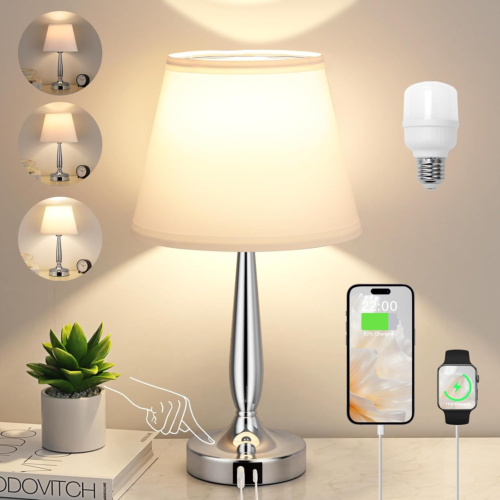 Touch Table Lamp for Bedroom, Small Bedside Lamp with USB C Charging Port, 3 Way