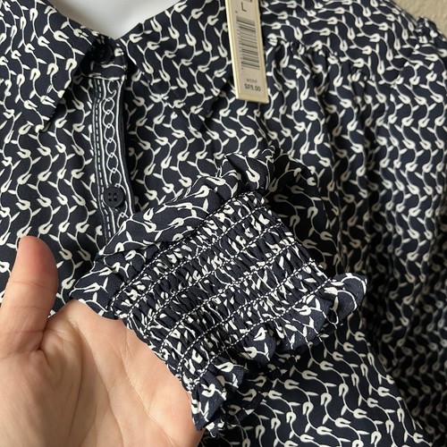 New Max Studio Women Large Navy Cream Printed Long Sleeve Button Up Shirt Blouse - Picture 3 of 9