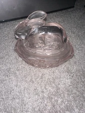Glass Bunny Rabbit on Nest Basket Weave Candy Dish Clear Pink 5"x4" Collectors