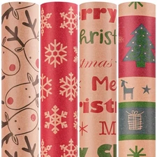 Christmas Wrapping Paper, Kraft Xmas Wrapping Paper Rolls - Snowflakes, Reind...