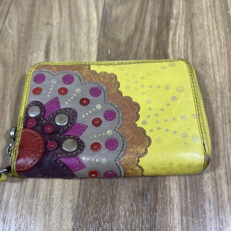 Fossil Wallet Wristlet Womens Yellow Leather Zip Around Floral Key Charm Boho - Image 2 of 4