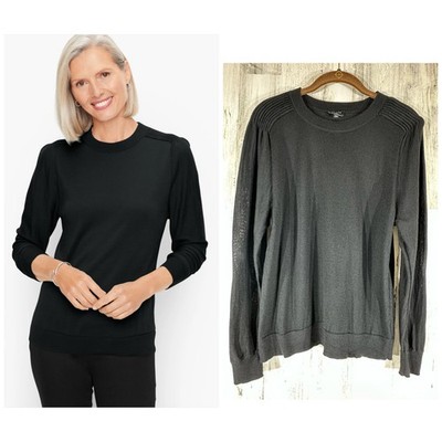 Talbots Sweater Medium Petite Black Pure Merino Wool Ribbed Shoulder Semi Sheer