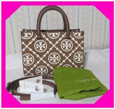 TORY BURCH T MONOGRAM CONTRAST Embossed Square WATNUT BROWN-WHITE TOTE Bag Nwtag