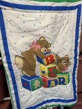 Vintage 1986 Red Calliope Crib Blanket Comforter Bear ABC Blocks Hearts USA