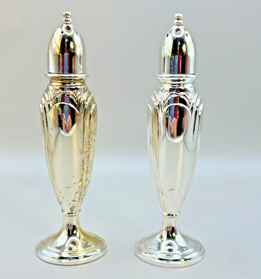 Vintage Gold Finish Silver Plated Salt & Pepper Shakers ONEIDA USA 5 1/2 in tall