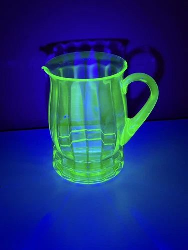 Vintage Vaseline Glass Uranium Green Depression MCM Blown Pitcher w/ Sturdy Base