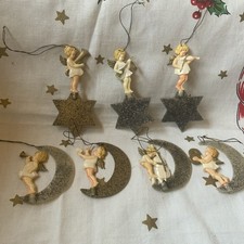 7 Vintage German Angel Mica Celluloid Christmas Ornaments Stars Moon EXC
