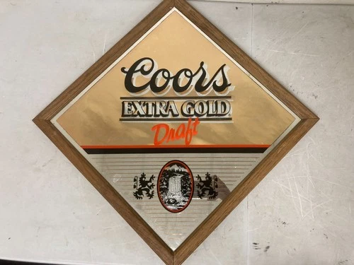 VTG FRAMED FOILED MIRROR BEER SIGN 16X16 INCHES FOR COORS EXTRA GOLD FANS