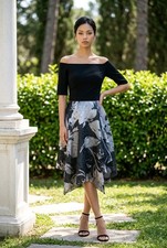 Coast Black & Silver Floral High Low Occasion Dress UK 12 Midi Evening Wedding
