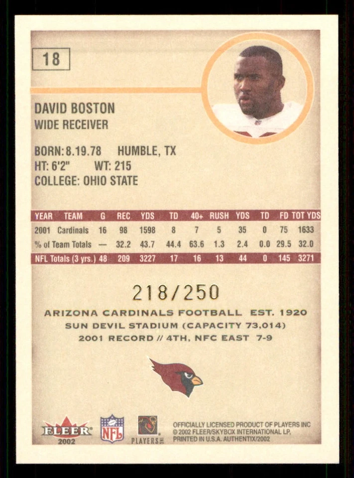 2002 Fleer Authentix Second Row #18 David Boston /250 - Image 2 of 2