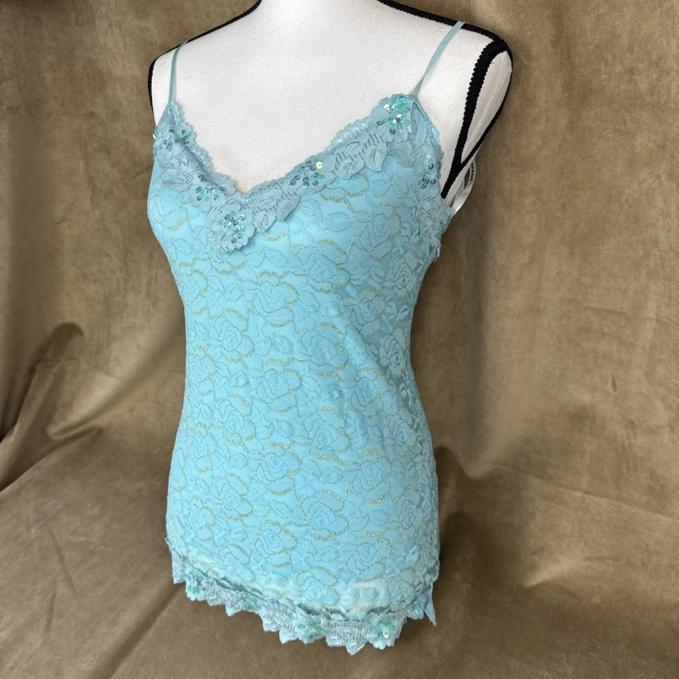 Vintage Rampage Y2K Lace Cami Fairy Tank Top Sequin Gold Whimsy Shirt Angel Mesh - Image 3 of 4